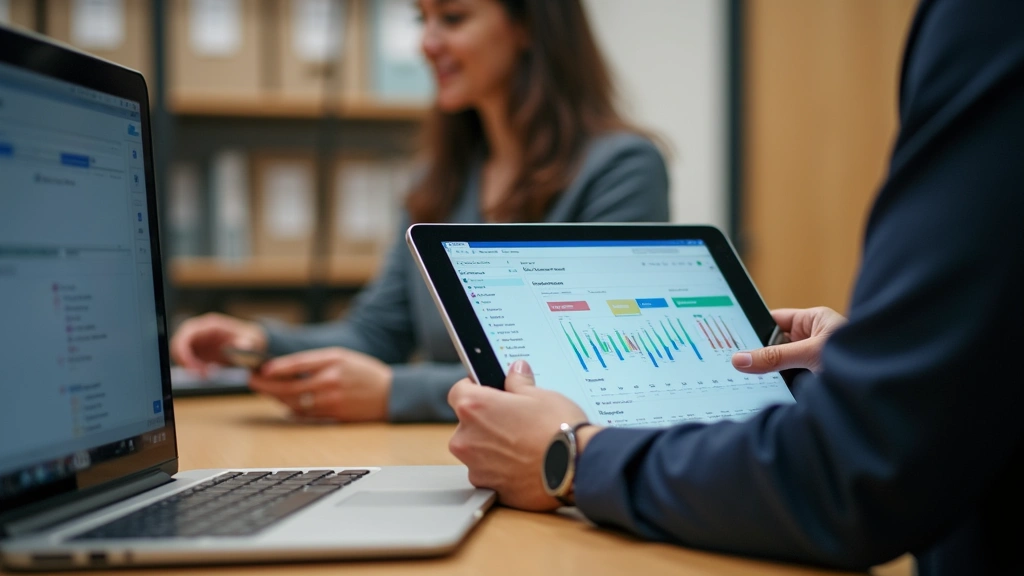 Church staff using tablet devices for member management and volunteer coordination in office setting, displaying church management dashboard on screen, organized filing systems in background
