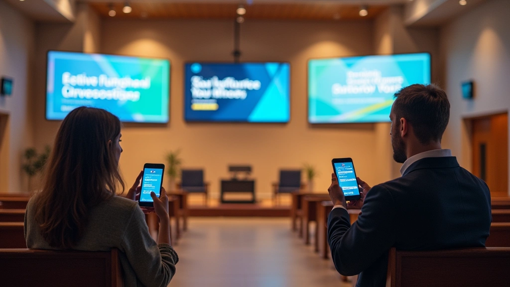 Modern church lobby with digital display screens showing announcements and upcoming events, members using smartphones for mobile giving app, professional signage and welcoming environment
