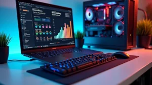 Professional workspace with modern laptop displaying performance metrics, mechanical keyboard, and advanced computing setup on clean desk with tech gadgets