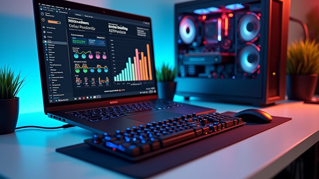 Professional workspace with modern laptop displaying performance metrics, mechanical keyboard, and advanced computing setup on clean desk with tech gadgets