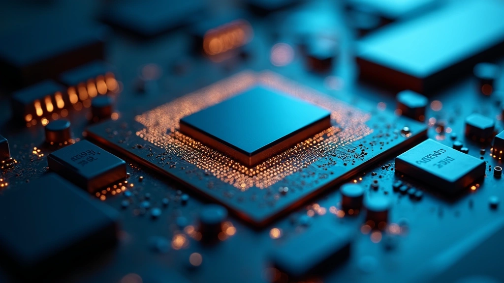Close-up of high-performance laptop processor chip with advanced circuitry visible, professional technical photography with shallow depth of field