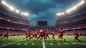 Professional football stadium with players in Cincinnati Bearcats red and black uniforms executing defensive play, stadium lights illuminating field during evening game