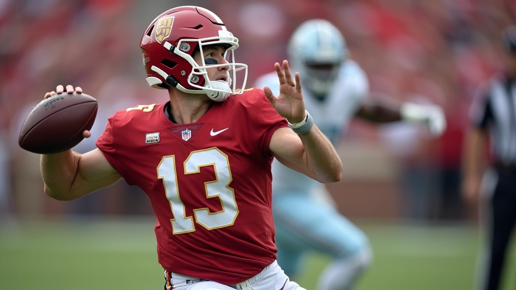 Close-up action shot of quarterback throwing football during college game, defender approaching from side, dynamic motion blur emphasizing speed and athleticism