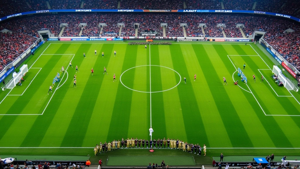 Wide aerial view of football field with both teams lined up for play, showing field markings and yard lines, professional stadium setting with crowd in background