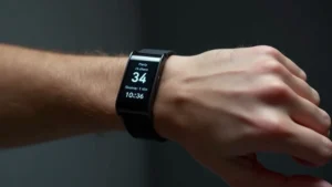 Professional product photography of advanced flexible wearable sensor on human wrist, displaying health metrics, minimalist design, high-tech aesthetic, photorealistic, studio lighting
