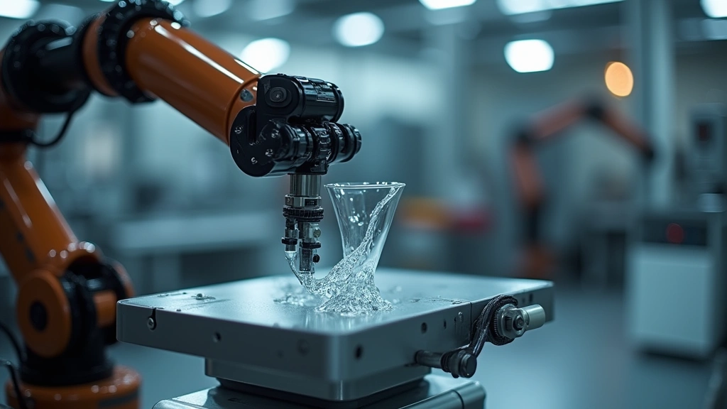 Sophisticated robotic arm with adaptive gripper manipulating delicate glass object with precision, metallic finish, industrial laboratory setting, professional product lighting, ultra-detailed