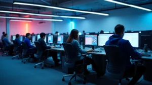 Modern university computer lab with rows of powerful desktop workstations, dual monitors, ergonomic chairs, bright LED lighting, students working on coding projects