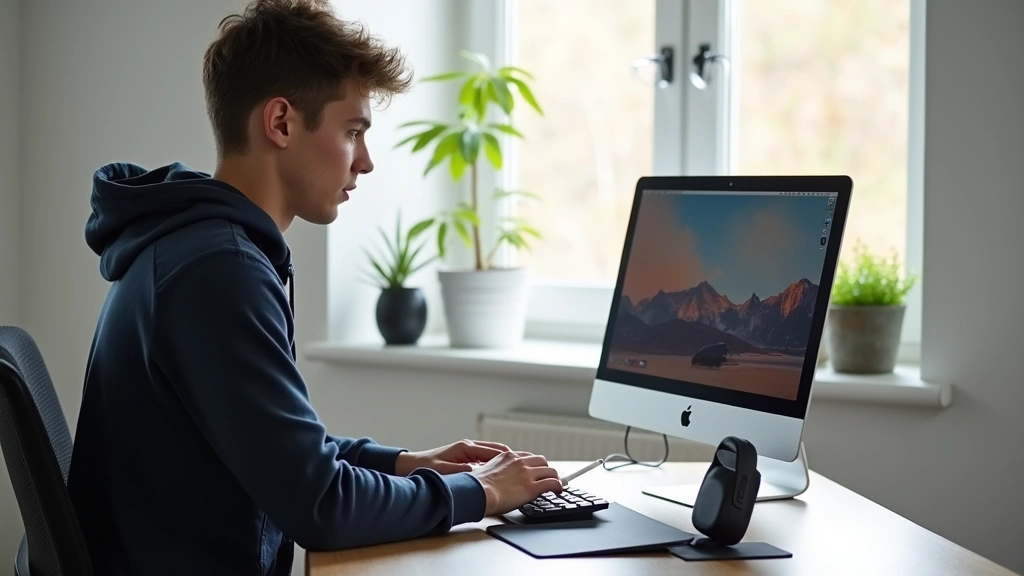 Student sitting at desk with MacBook Pro, iPad Pro with Apple Pencil, wireless earbuds, and mechanical gaming keyboard, bright natural window light, minimalist setup