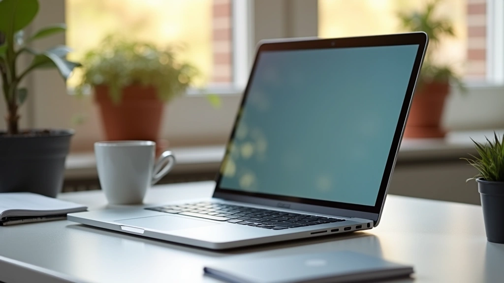 Portable computing device displayed on clean desk workspace alongside wireless peripherals, coffee cup, and notebook, natural daylight from window, warm professional ambiance