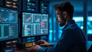 Professional network administrator troubleshooting Cisco router in modern data center with monitoring screens displaying network metrics and device status