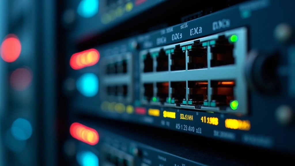 Close-up of Cisco network switch with illuminated ports and LED indicators showing active connections and traffic flow in server rack environment