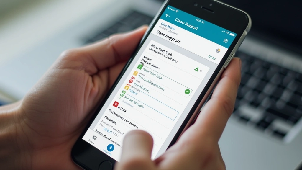 Hands holding mobile device displaying Cisco support portal interface with case management dashboard and technical documentation resources