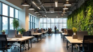 Modern open-plan office space with floor-to-ceiling windows, natural lighting, collaborative workstations, and green living walls in contemporary tech campus building