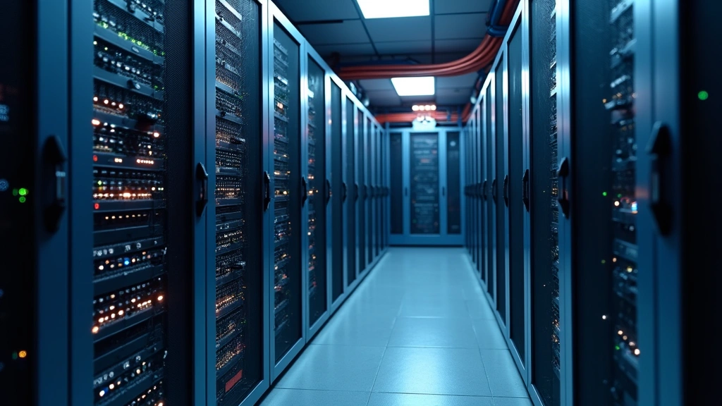 State-of-the-art server room with fiber optic cables, networking equipment, LED status indicators, and redundant infrastructure in professional data center environment