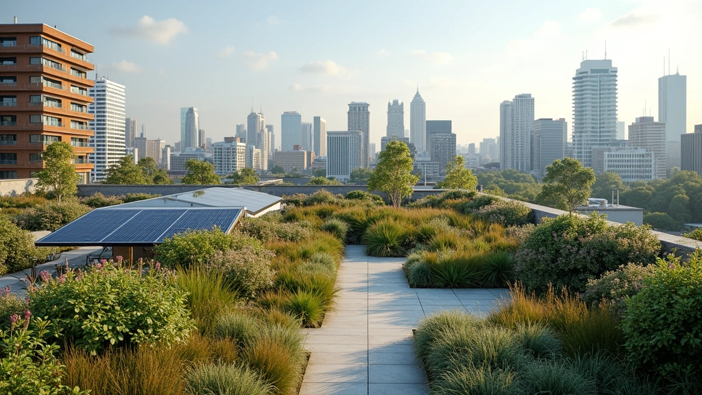 Rooftop garden with native plants, solar panels, and urban landscaping overlooking city skyline in sustainable mixed-use development