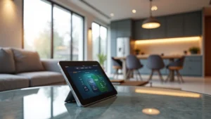 Modern apartment living room with smart home devices, tablet showing automation interface on glass table, contemporary furniture, natural lighting from large windows, photorealistic detail