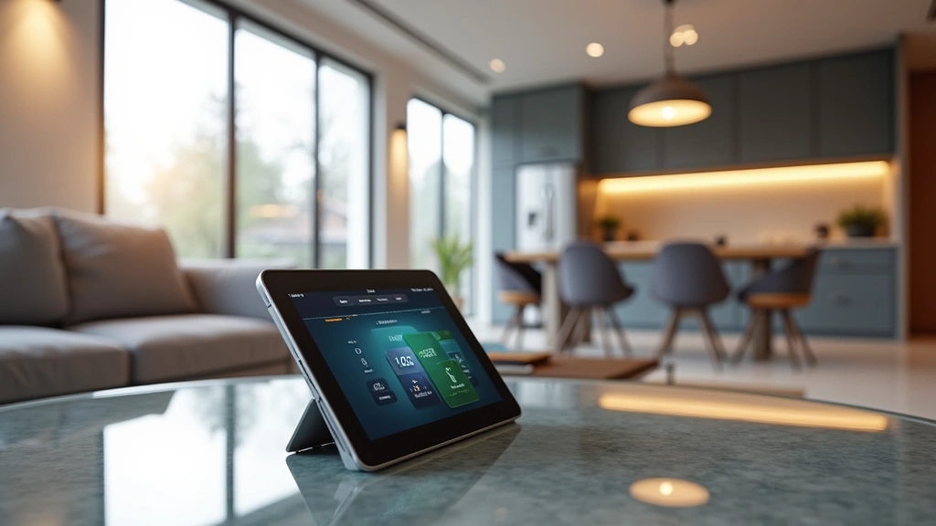 Modern apartment living room with smart home devices, tablet showing automation interface on glass table, contemporary furniture, natural lighting from large windows, photorealistic detail