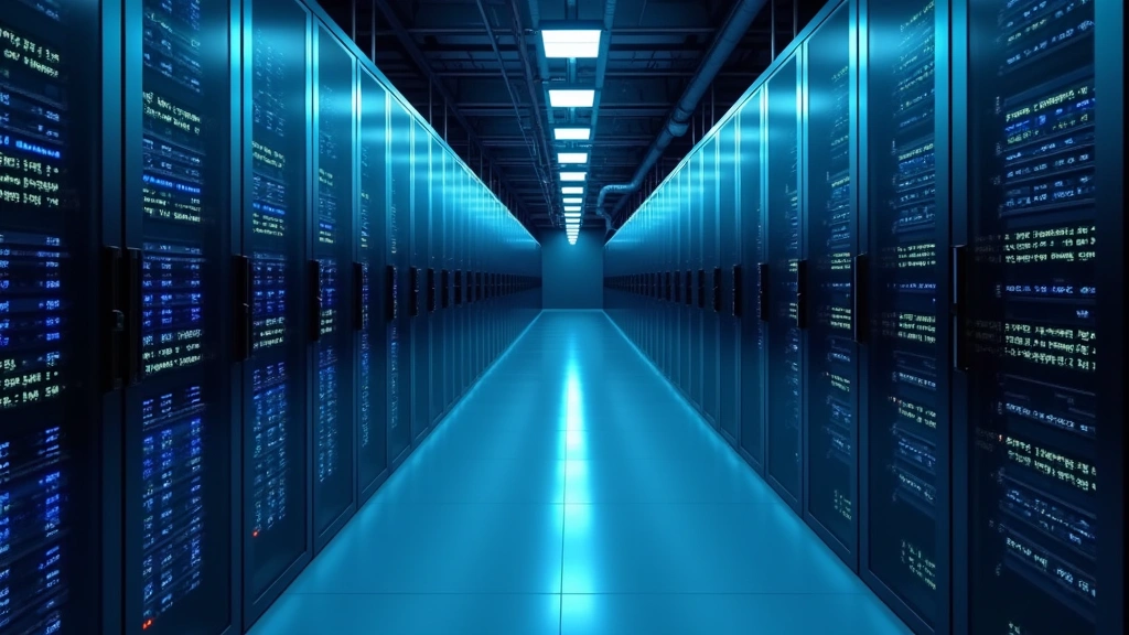 Modern data center with rows of servers, blue LED indicators, professional monitoring displays, high-tech infrastructure environment