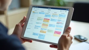 Close-up of a professional's hands holding a tablet displaying a digital academic calendar with color-coded semester dates and deadline notifications, modern minimalist desk background