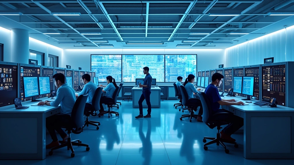 Modern computer science laboratory with advanced networking equipment, multiple high-end workstations, students collaborating at technical stations, blue and white color scheme, professional tech environment