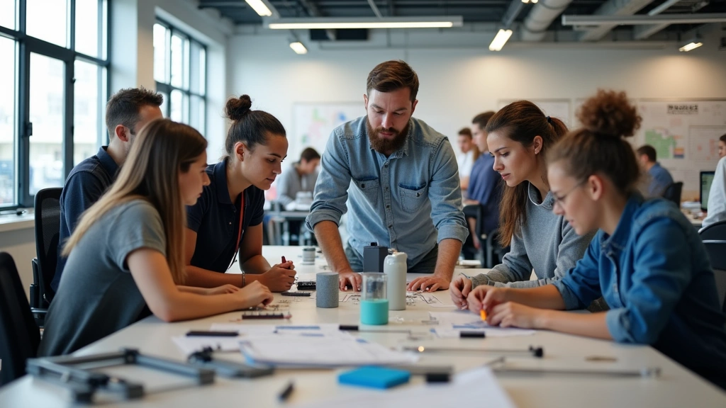 Engineering classroom featuring 3D printing equipment and CAD workstations, diverse students examining technical prototypes, industrial design elements, natural lighting through large windows, hands-on learning