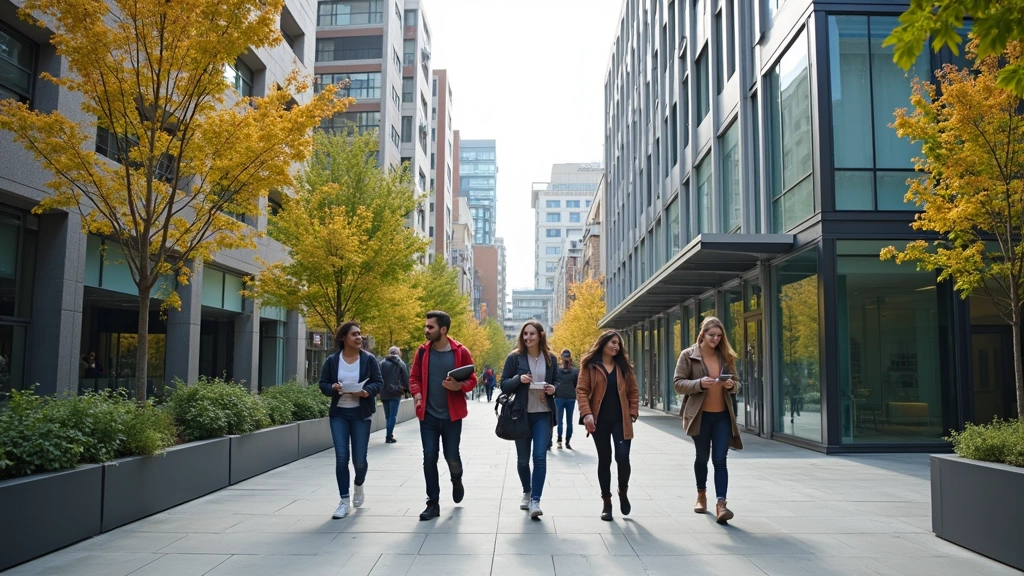 Urban college campus courtyard with contemporary architecture, students walking with laptops and technical equipment, modern buildings in background, diverse student population, daytime natural lighting
