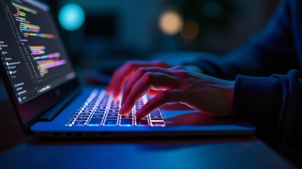 Close-up of student hands typing on modern laptop keyboard with colorful backlight in dimly lit study environment, focused on typing motion and technology