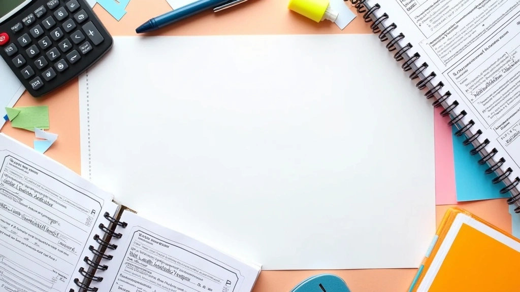 Overhead flat lay of college admissions materials including completed application forms, SAT/ACT test prep books, calculator, and highlighter on desk surface