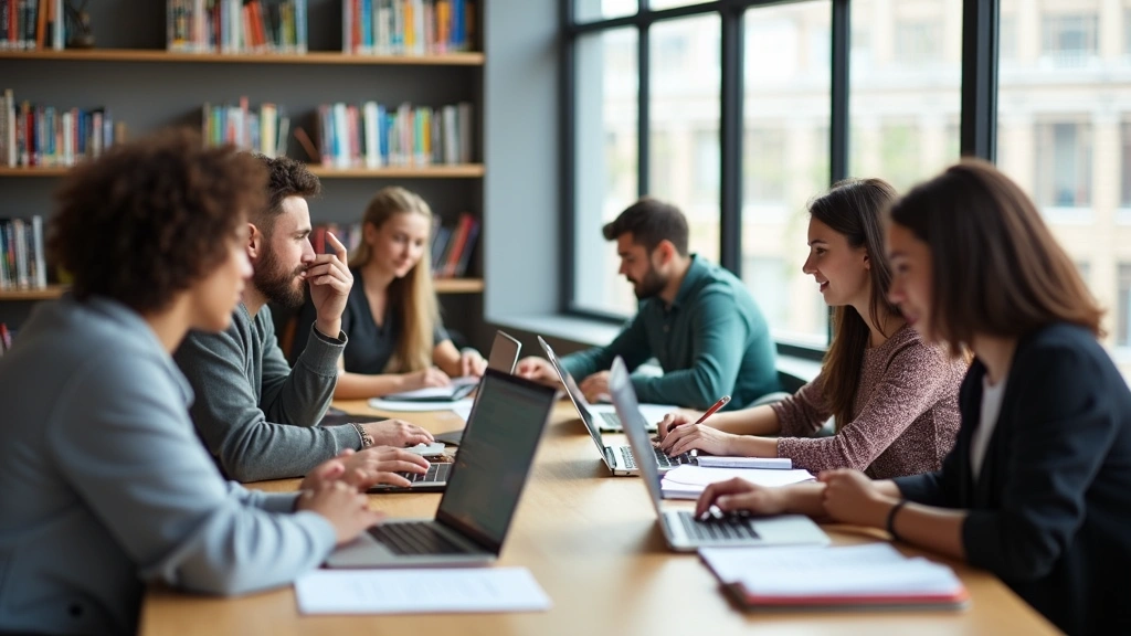 Diverse group of college-aged students studying together in modern library with computers, textbooks, and notebooks spread across table with natural window lighting
