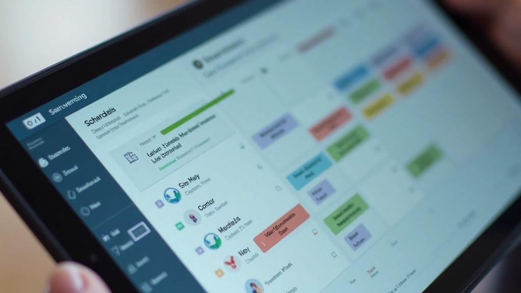 Close-up of tablet screen featuring advanced calendar scheduling interface with AI-powered meeting suggestions, time zone indicators, and team collaboration features highlighted