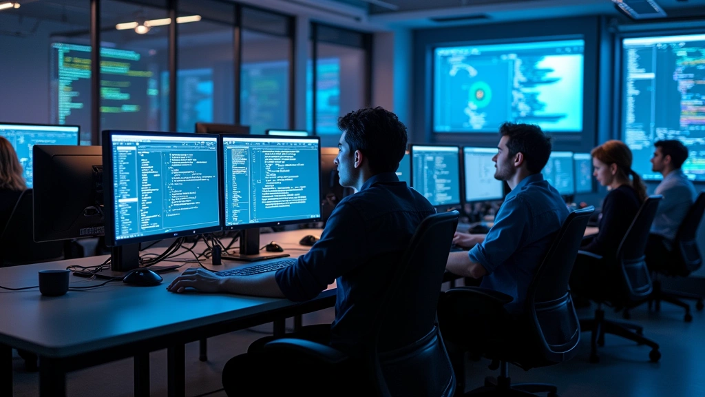 Modern university computer science lab with students working at high-performance workstations, multiple monitors displaying code and data visualizations, professional tech environment