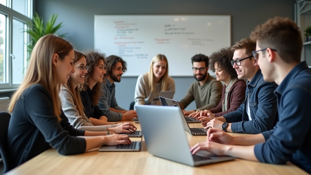 Diverse group of technology students collaborating on a software project in a contemporary urban classroom, laptops and whiteboards visible, modern collaborative workspace