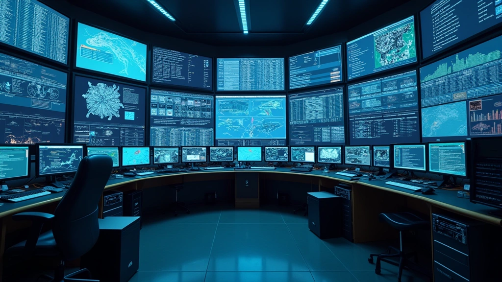State-of-the-art cybersecurity operations center with network monitoring displays, server equipment, and professional tech infrastructure in an educational institution setting