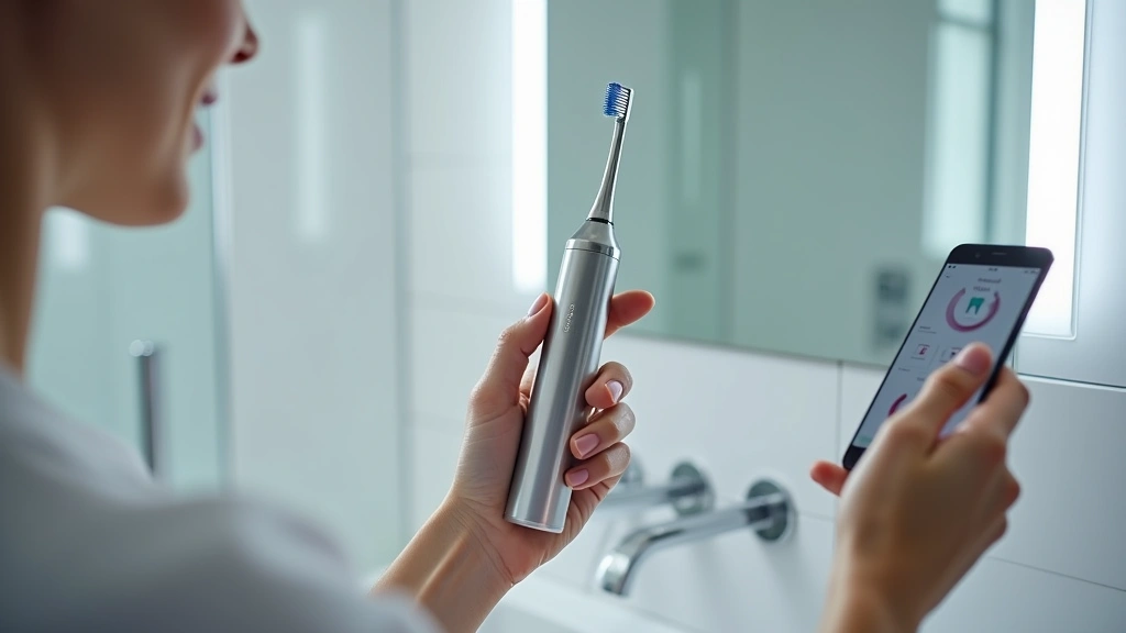 Professional holding sleek silver smart electric toothbrush with smartphone nearby displaying dental health app, modern minimalist bathroom background with white tiles and contemporary fixtures