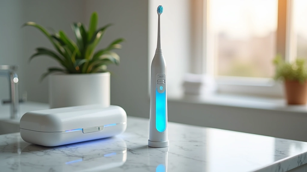 Compact cordless water flosser device with blue LED indicator next to portable UV sanitizer case on marble countertop, urban apartment bathroom setting with natural morning light