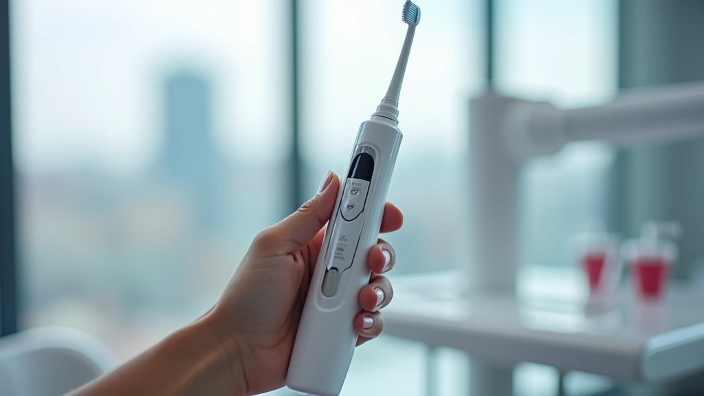 Person using advanced water flosser system with multiple pressure settings, professional dental care environment with blurred cityscape visible through window, clean white and chrome fixtures