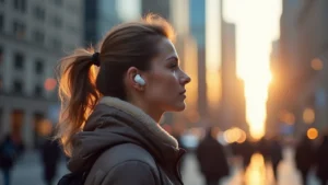 Professional wearing premium wireless earbuds during busy city commute with urban skyline background, morning natural light, commuter aesthetic