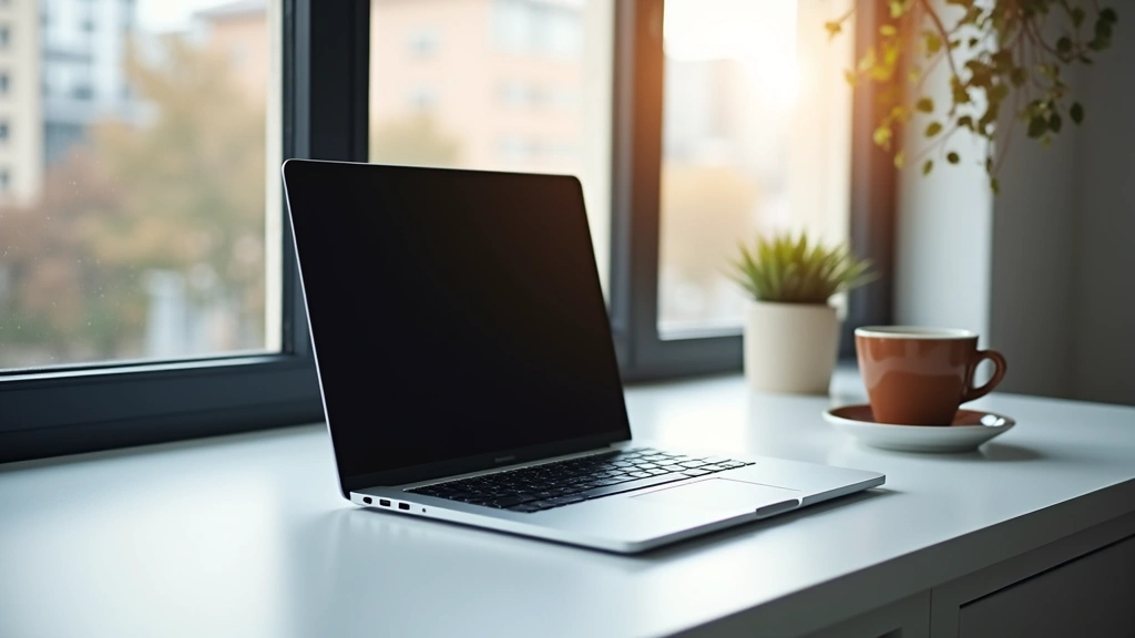 Compact ultrabook laptop open on modern minimalist desk with coffee cup, urban apartment window view, creative workspace setup