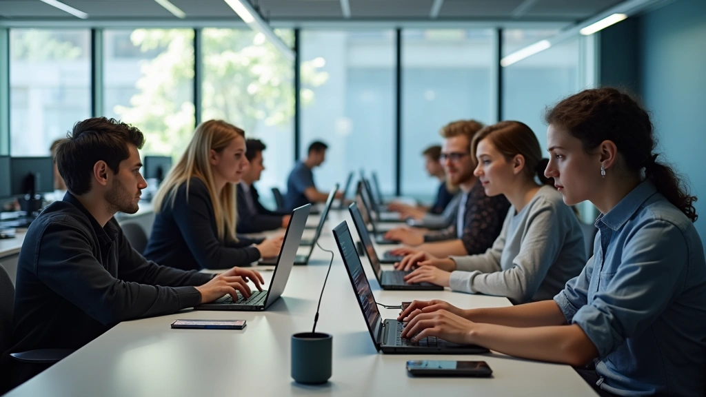 Modern university classroom with students working on laptops and coding, bright natural lighting, multiple computer monitors visible on desks, diverse students collaborating on technical projects