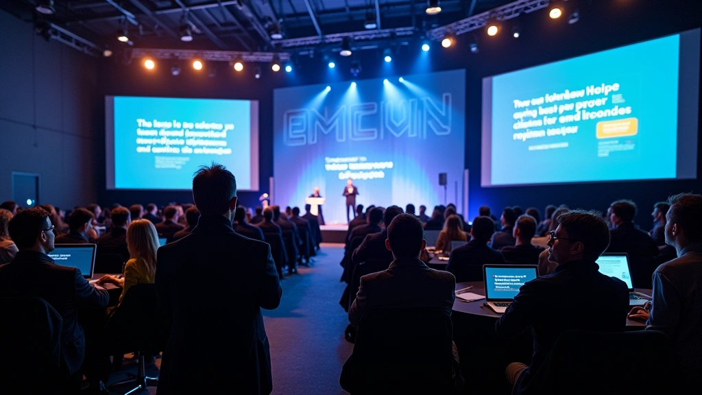 Professional tech conference venue with attendees networking, large display screens showing technology content, modern auditorium setting, people holding laptops and discussing innovations