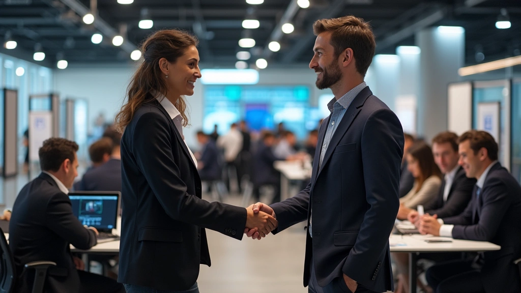 Career fair or recruitment event with company booths, tech professionals interviewing students, modern office-style setup, people shaking hands and exchanging business cards in professional setting