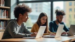 Young diverse students sitting at library table with laptops and notebooks, studying together with natural window lighting, focused expressions, modern urban college setting