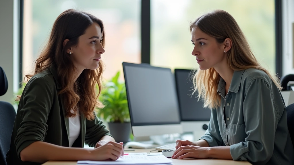 Student at campus financial aid office desk speaking with professional advisor, reviewing documents together, computer monitor visible, supportive mentoring atmosphere