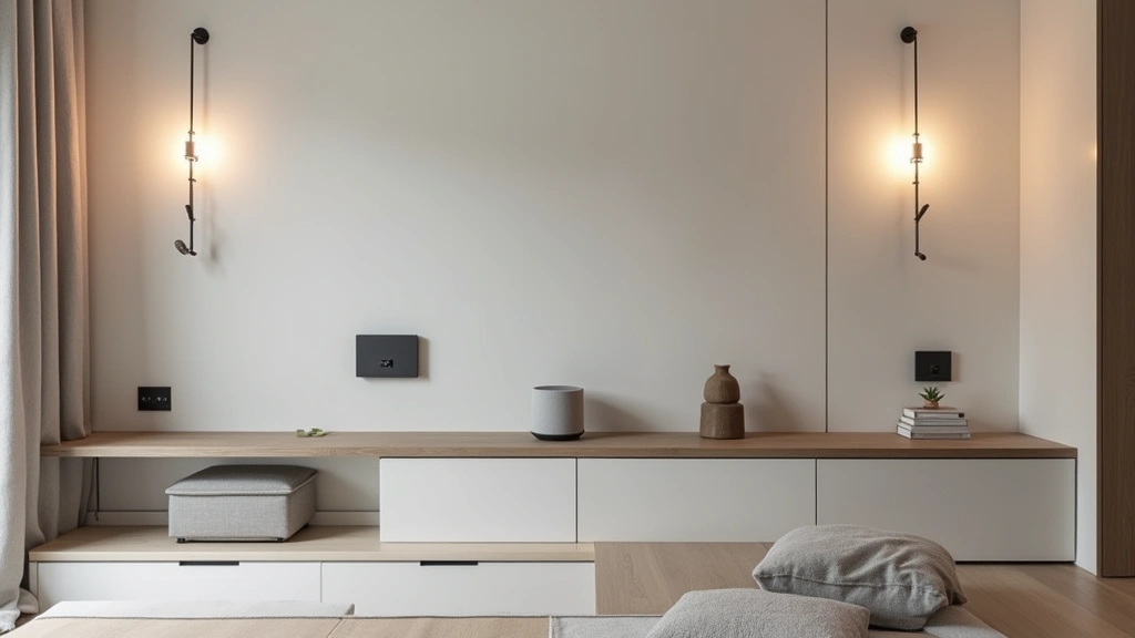 Modern minimalist apartment interior with multiple smart home devices integrated seamlessly including smart speaker on shelf, smart lights in ceiling fixtures, and connected devices on walls, clean contemporary design