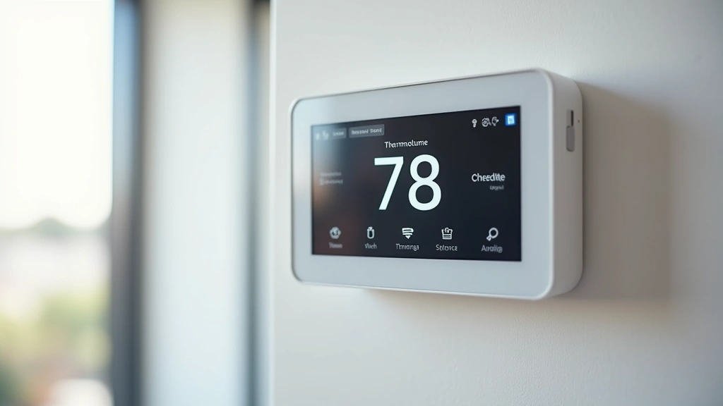 Close-up of smart thermostat display showing temperature controls and scheduling interface mounted on white wall in contemporary home setting, modern aesthetic