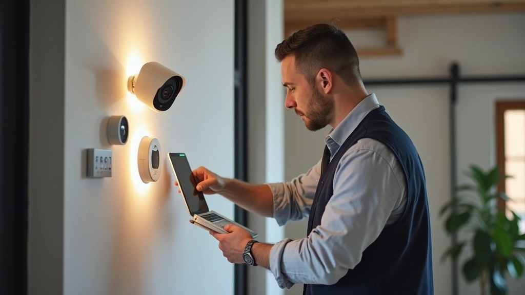 Professional smart home installation scene showing technician installing security camera, smart light fixtures, and control devices in urban apartment with neutral color palette and modern architecture