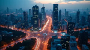 Aerial view of modern smart city at dusk with illuminated buildings, connected IoT sensors glowing throughout streets and intersections, 5G network nodes visible, photorealistic, no text