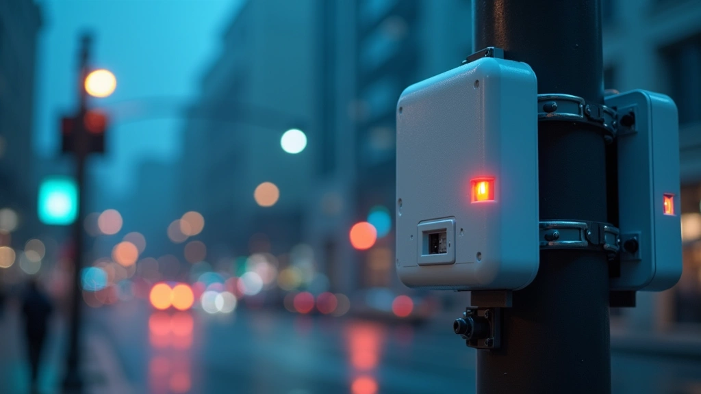 Close-up of IoT sensor array mounted on urban infrastructure pole with LED indicators, network connectivity visualization in background, photorealistic gadget detail shot, no text