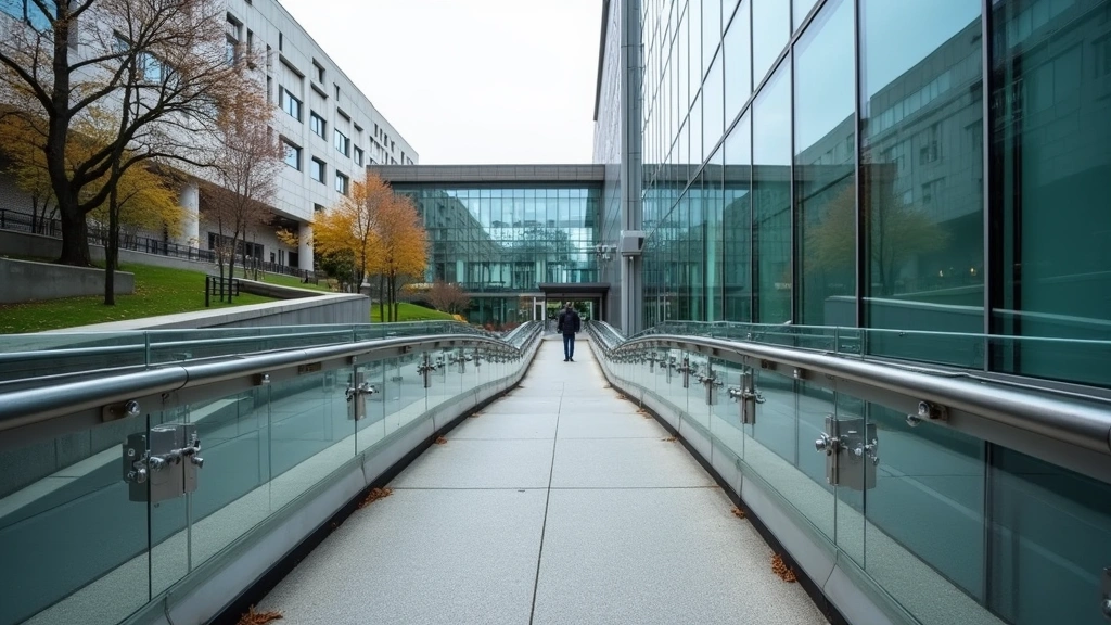 Modern university accessibility ramp with handrails, sleek concrete and glass building architecture, overcast daylight, no people visible, wide-angle perspective