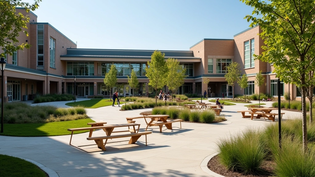 College campus quad with accessible pathways, wayfinding signage, diverse outdoor seating areas, modern buildings in background, inclusive educational landscape photography